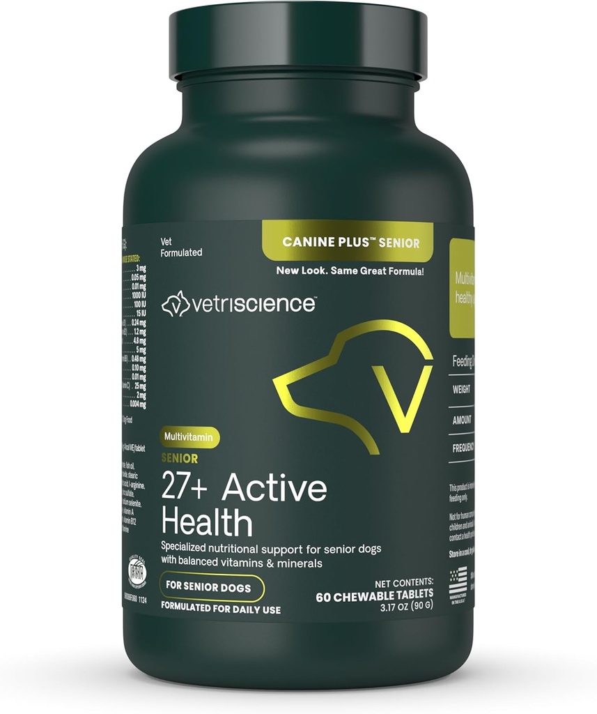 VetriScience בכיר 27+ Active Health Chewable Tablets, Canine Plus Daily Multivitamin עבור כלבים מבוגרים, ויטמינים מאוזנים, מינרלים ואנטיoxidants, Aging and Wellness Support, Veggie, 60 Count Count
