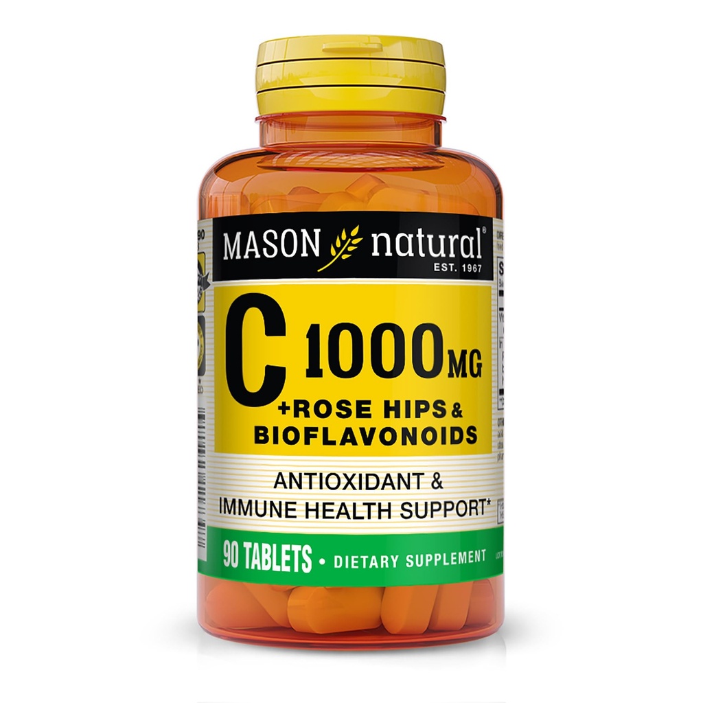 MASON NATURAL ויטמין C 1000 מ"ג Plus Rose HIPS ו- Bioflavonoids Complex - תומך במערכת חיסונית בריאה, Antioxidant וחומרים מזיניםent, 90 טבליות