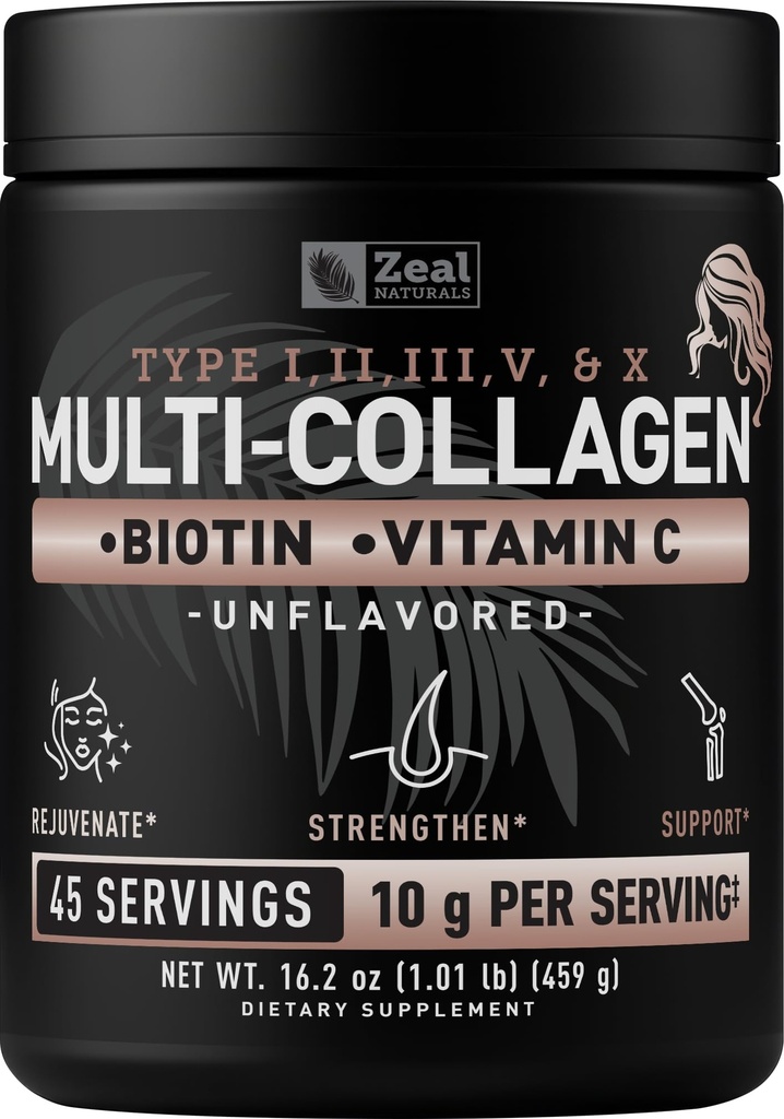 Premium Multi Collagen Peptides אבקת חלבון (1, 2, 3, 5 ו 10) עם ויטמין C, ביוטין, Hyaluronic Acid, עבור שיער עור וציפורים - Marine, Bovine, עוף וביצים (Unflaved, 45 משרתים)
