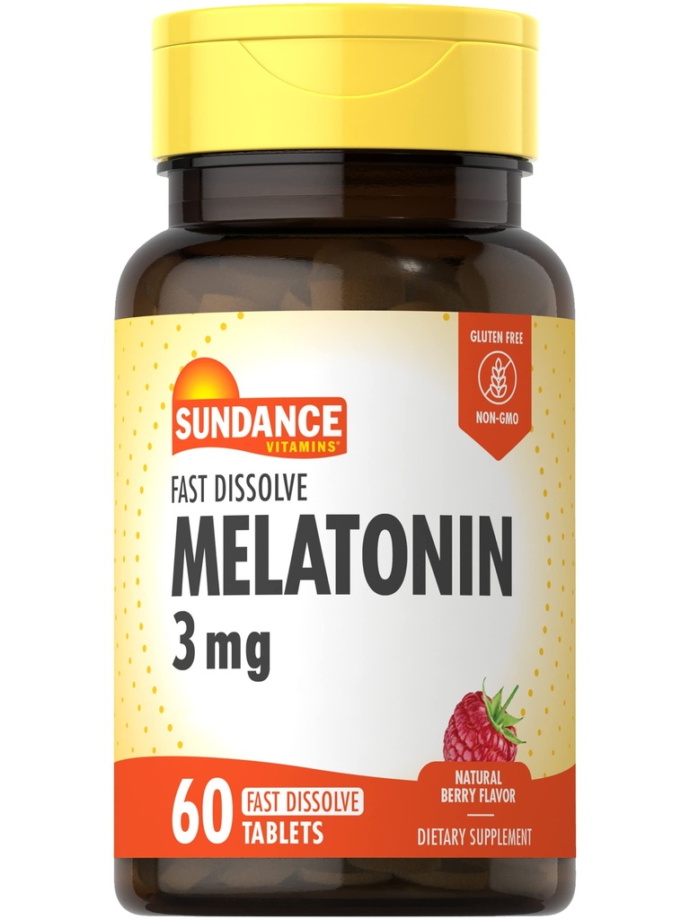 Sundance Melatonin 3mg Fast Dissolve | 60 טבליות צמחוניות | Natural ברי פלאמור | Vegetarian, non-GMO ו- Gluten Free Supplement