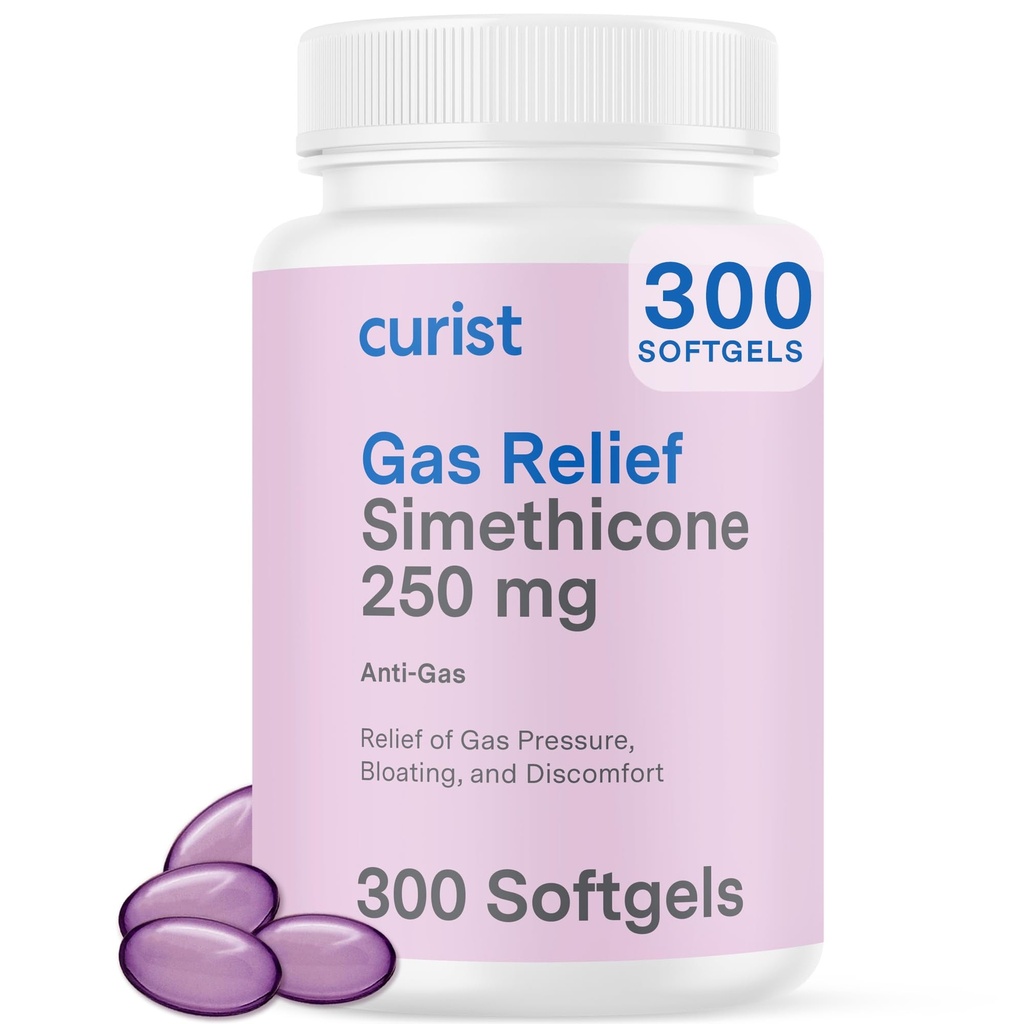 Curist Gas Relief Simethicone 250 מ"ג Softgels (300 הרוזן) - הקלה תזונתית, Bloating Relief & Anti Flatulence Gas Pills for Adultss Gas and Bloating Relief (300 ג'לים רכים)