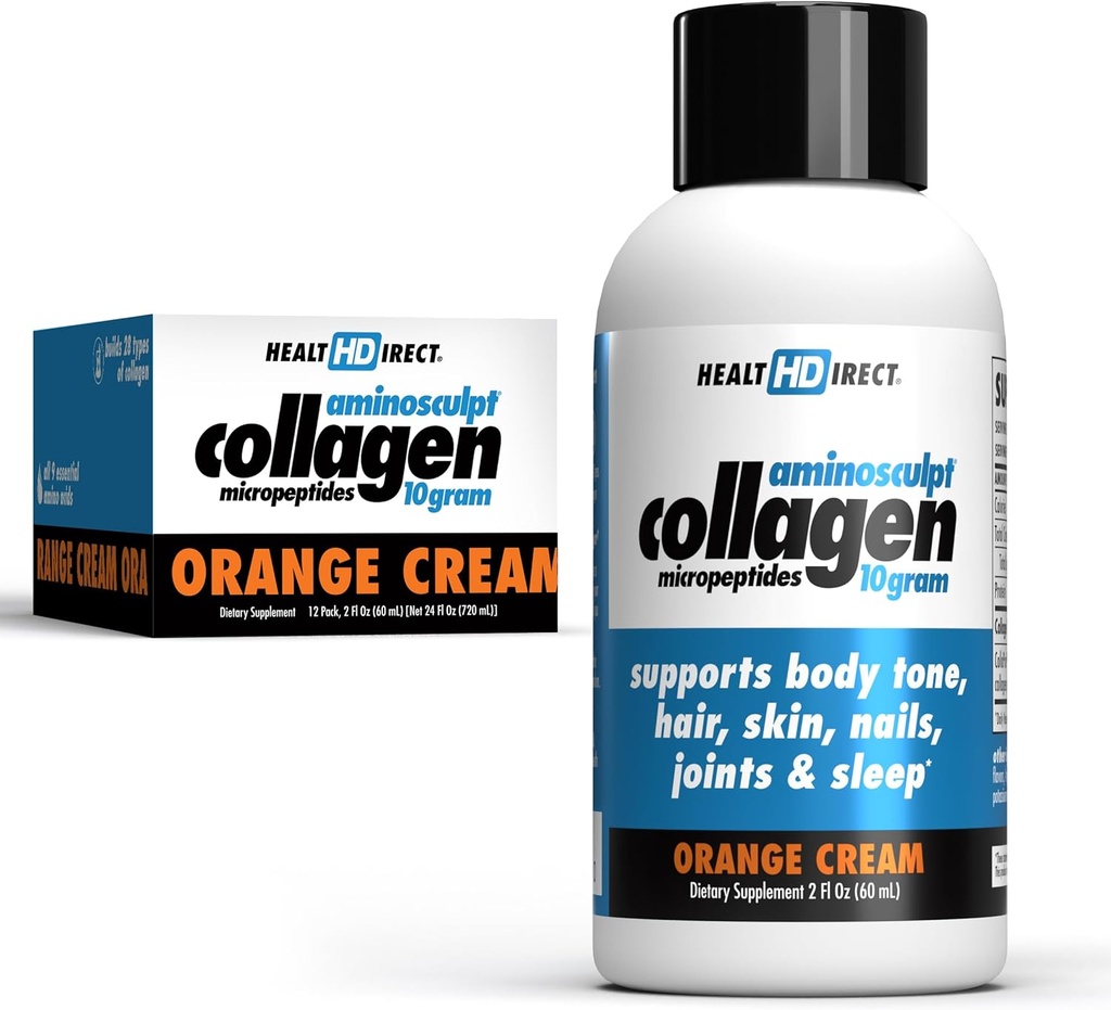 HEALTH DIRECT - Air-Grade Liquid Collagen Shots - AminoSculpt Sugar-Free - Orange Cream - 12 מנות, (12pk, 2oz Shots) - Good for Joints, Bones, & Sleep - Better Hair, Skin & Nails