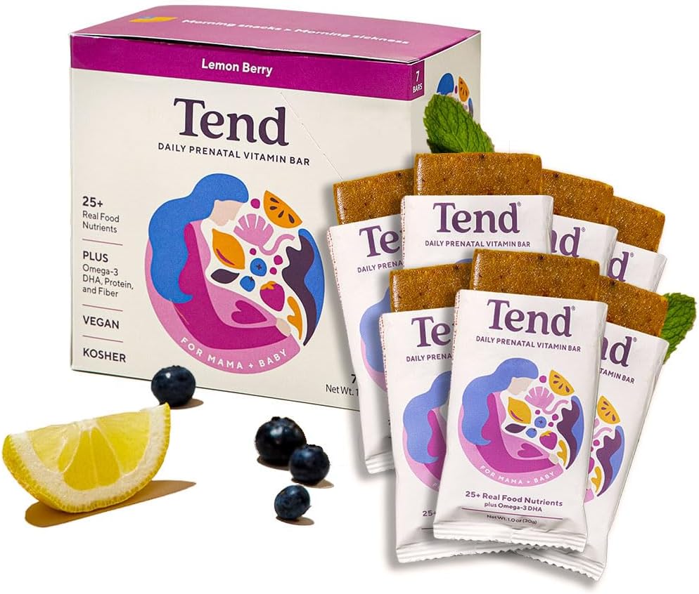 Tend Daily Best Prenatal ויטמין Bar, Made with Organic Ingredients for הריון & Postpartum Mothers, כולל DHA, ויטמין D, B, Choline, Folate - לימון ברי (7ct)