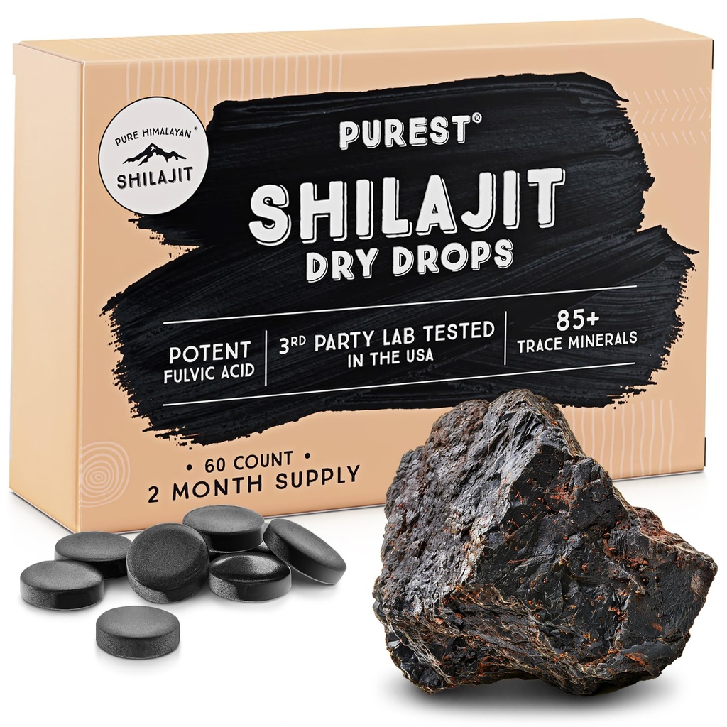 Pure ההימלאיה Shilajit יבש טיפות, 100% שילאג'יט טבעי טהור, דרגה A, מקס פוטנס 85 + ניקוי מינרלים ו- Fulvic Acid עבור אנרגיה, Metabolism & Immune תמיכה תוספת לגברים ונשים (60 כרטיסיות)