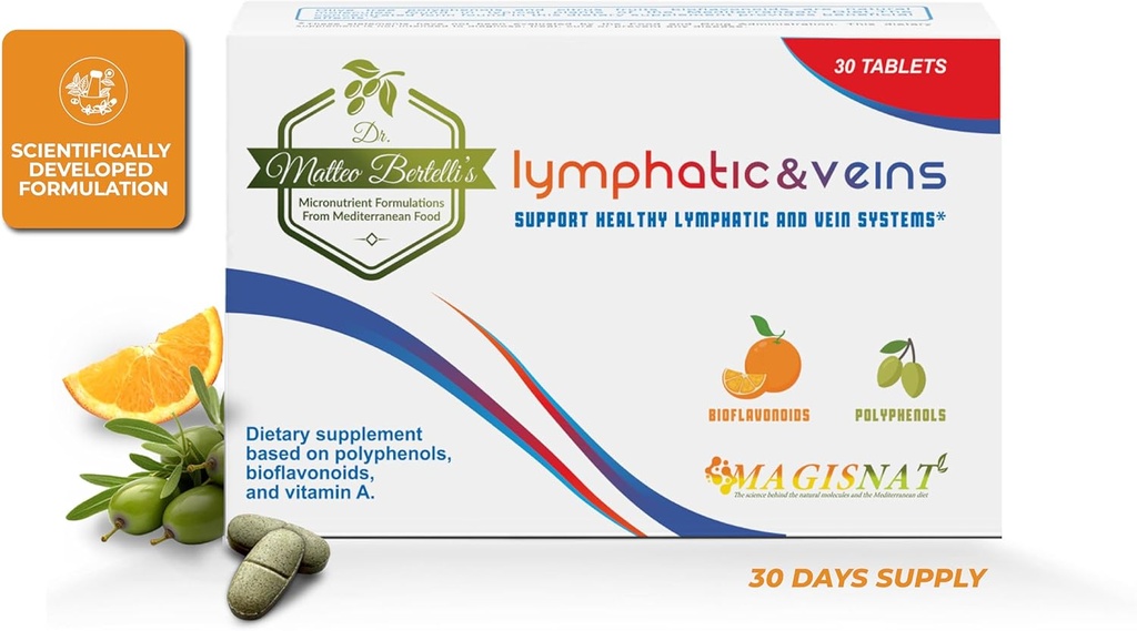 Dr. Matteo Bertelli's - Lymphatic &Veins 30 טבליות, Lymphatic Drainage Dietary תוספת עם hydroxytyrosol, ויטמין A, Hesperidin, Citrus פירות Extractidine, for Healthy Venous and Lymphaticatic