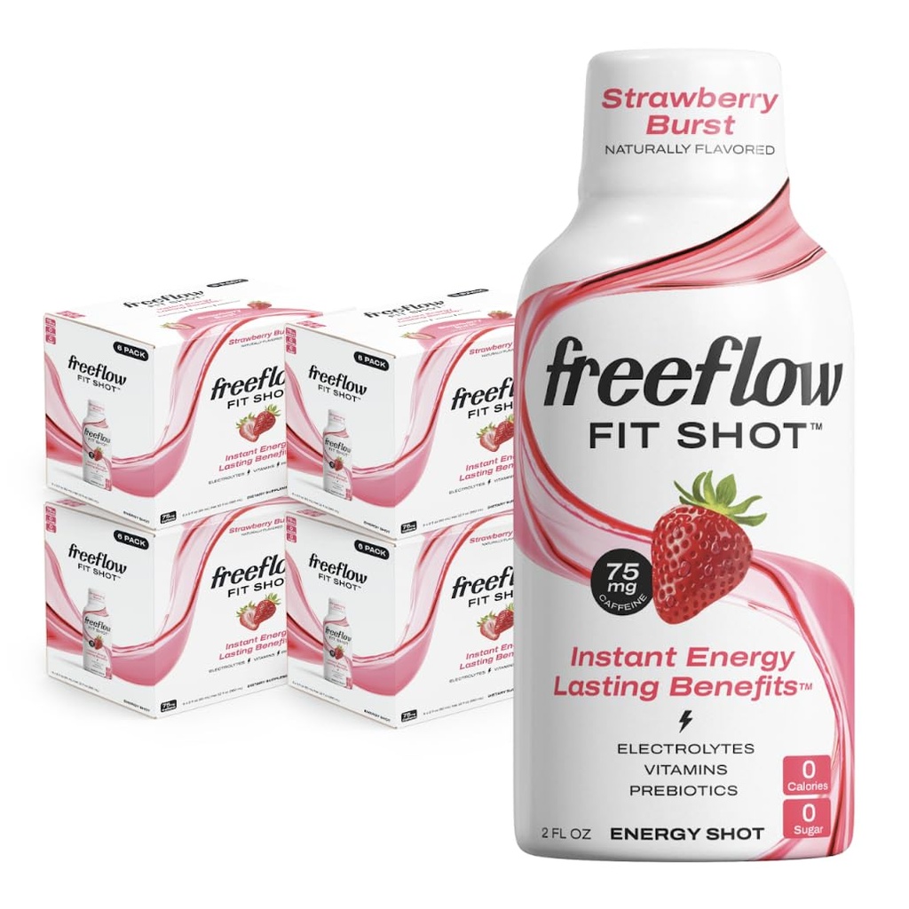 Freeflow Fit Energy Shots, Strawberry Burst, Natural Caffeine Boost עם L-theanine, גינזנג, ויטמינים, Prebiotics, Electrolytes (24 Count, 2oz Shots)