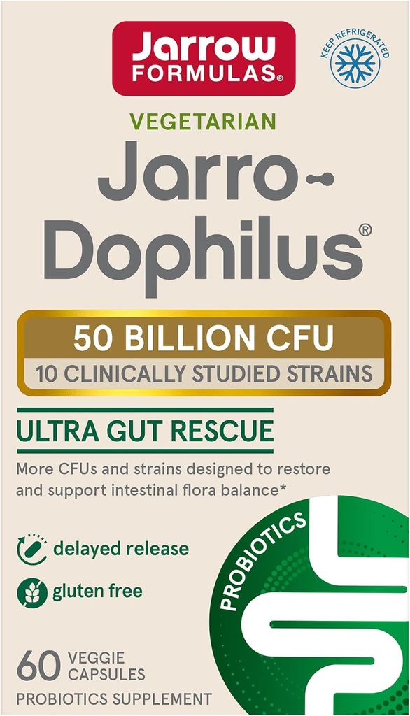 Jarrow Formulas Jarro-Dophilus Ultra - 50 מיליארד ויגמניזם ויג'ל - 60 נדחה לשחרר Veggie Caps - שחזורים, Protects & Keeps Intestinal Flor - 60 משרתים