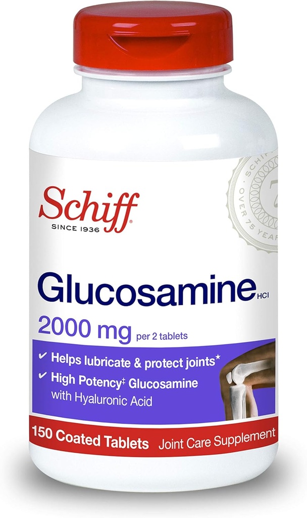Schiff Glucosamine 2000 מ"ג + טבליות Hyaluronic Acid (150 הרוזן בבקבוק), תוסף טיפול משותף המסייע תמיכה ניידות משותפת וגמישות, תומך במבנה של Cartilage