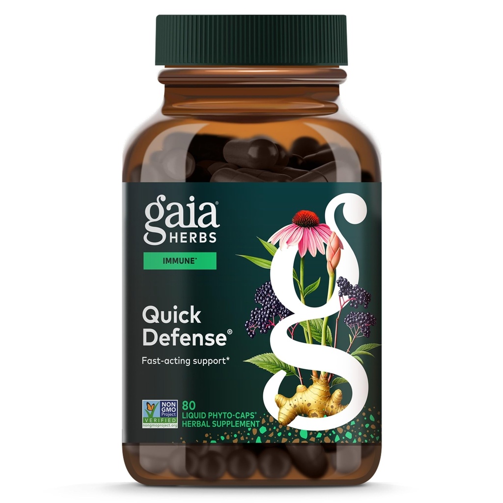 גאיה Herbs Quick Defense - Fast-Acting Immune Support Supplement - Echinacea, Black Elderberry, ג'ינג'ר אנדורוגרףis - 80 נוזל Phyto-Capsules (8 ימים אספקה)