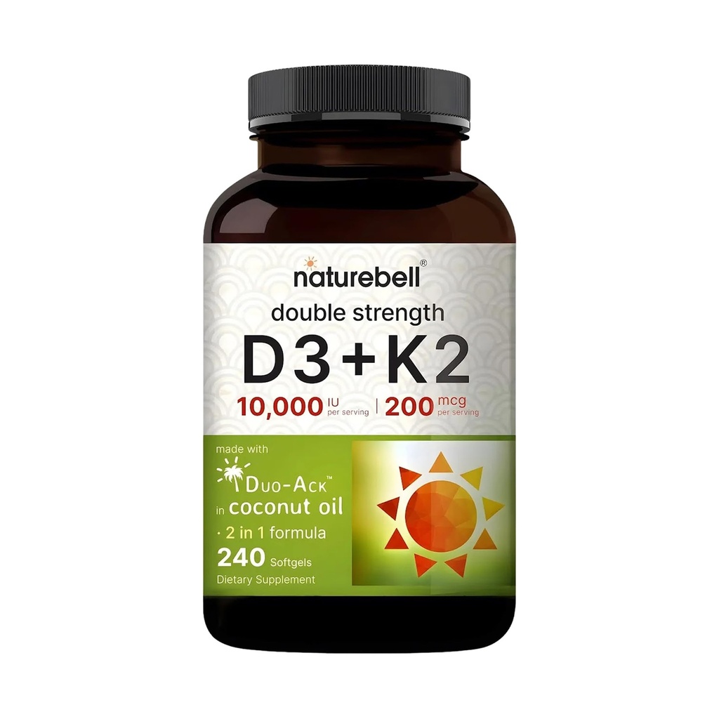 NatureBell ויטמין Double Power D3 + K2-240 Softgels - 10,000 IU ויטמין D & 200mcg K2 - כוח העצם, הפונקציה Immune & Calcium Absorption Support