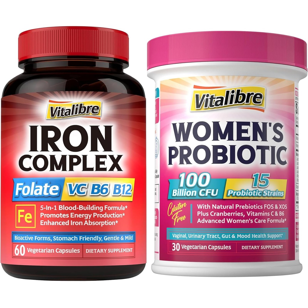 תוספת ברזל לנשים וגברים, עם ויטמין C, B6, B12 & Folate+Vitalibre נשים Probiotics 100 מיליארד CFU, 15 סטרינס, w /Prebiotic, Cranberry, ויטמין B6 & VC,