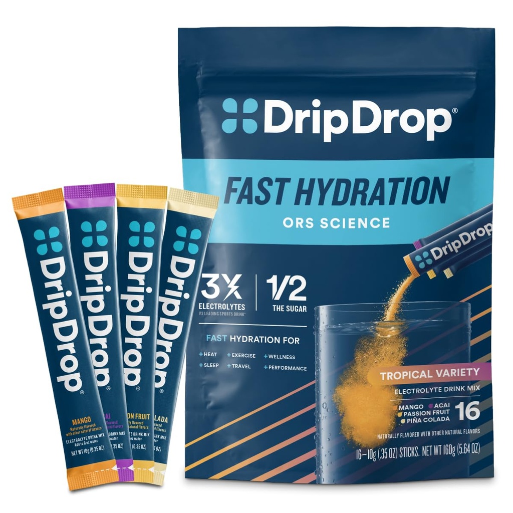 DripDrop Hydration Packets - Tropical Variety Pack - Single Serve Electrolytes Powder Drink Mix - Mango, Açaí, Passion Fruit, Piña Colada - Non-GMO, Gluten Free, Vegan - 16 Sticks