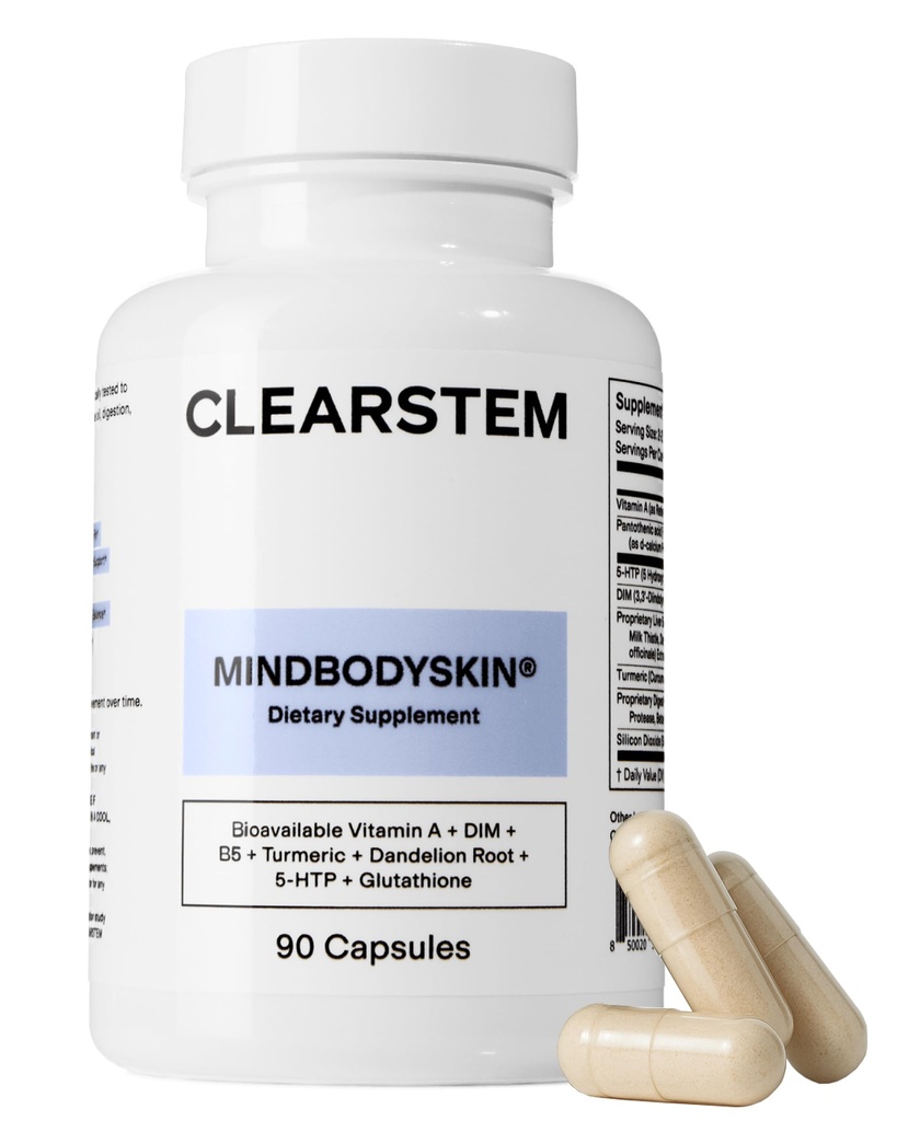 CLEARSTEM - MINDBODYSKIN Hormonal Acne תוסף (5-HTP) - תוסף טבעי DIM - ויטמין Skin Care - הורמונים, Antioxidants - Gluten Free, Cruelty Free - 30 משרתים, 90 קפסולות
