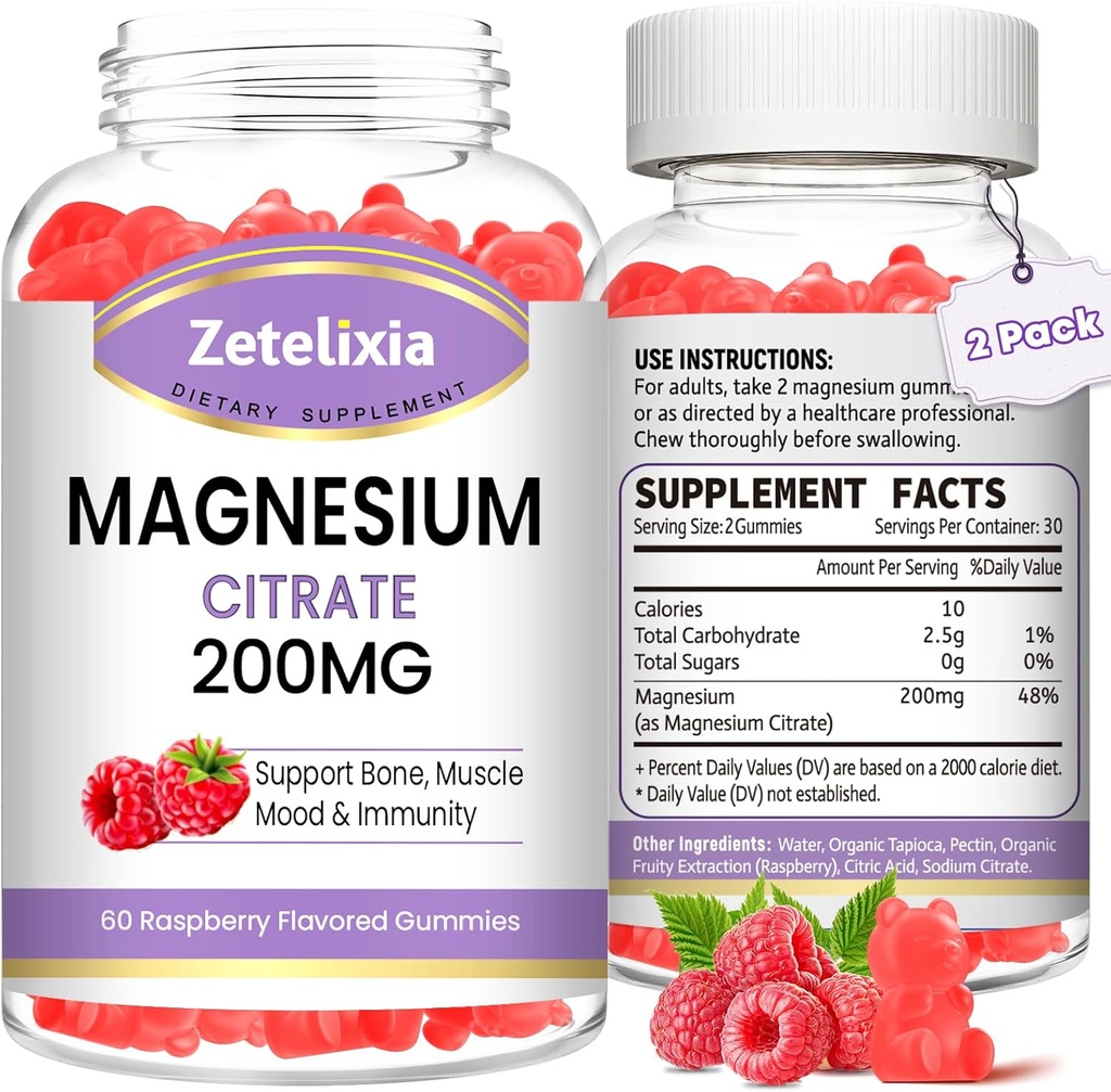2 Pack Magnesium Citrate Gummies, High Absorption Magnesiummies למבוגרים, שריר ושיניים תמיכה, Rawor טבעי טבעוני 120 Cts