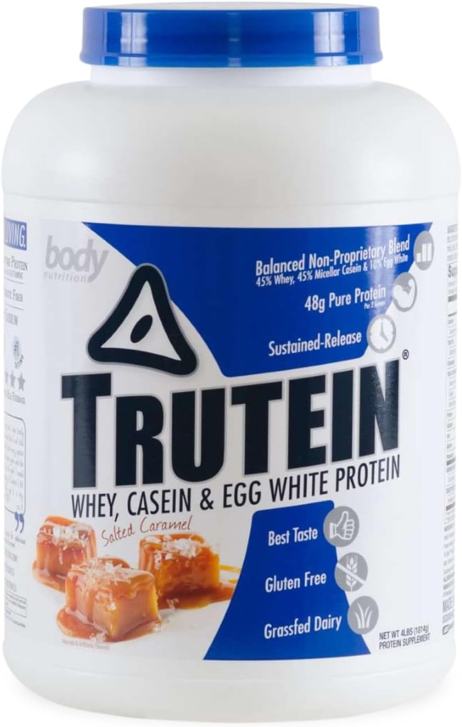 אבקת חלבון גבוהה גוף Trutein גבוה חלבון אבקה: 45% Whey, 45% מקרהין, 10% ביצה לבן, Gluten-Free, Low Sodium, Grass פד Whey חלבון אבקת, תוספת של התעמלות & ארוחת בוקר שקד, Salted Carmel, 4lb