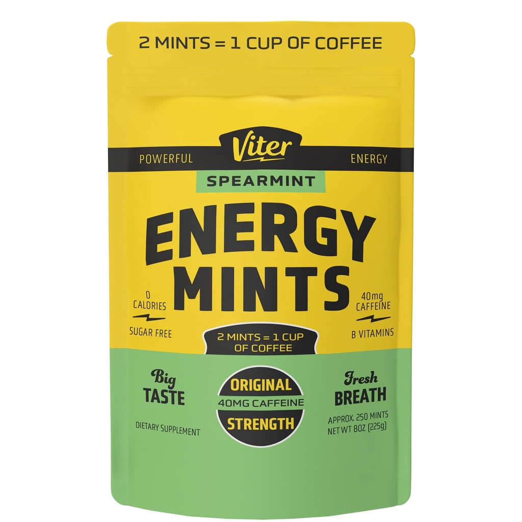 Viter Energy 40 מ"ג Caffeine Mints - סוכר חינם, ויטמין B, טבעוני, Boosts Fast Energyzed Alert Focus, Caffeinated Nootropic גלולות (Speart Flavor, 8oz, Bulk Bag)