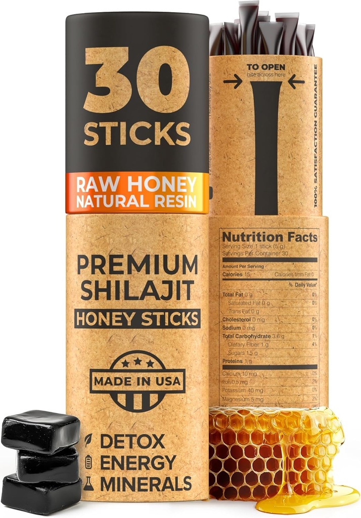 NATURAL SHILAJIT Honey Sticks - Shilajit Resin עם Raw Honey, Fulvic Acid & Trace מינרלים, Plant Based Foodsents for Energy, Immune Support & Vitality - 30 Shilajit Sticks Sticks