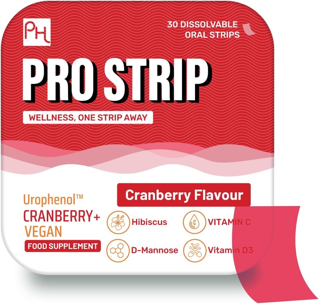 ProSTRIP® Cranberry+ Urophenol TM המספק 36 מ"ג Proanthocyanidins (PACs) - נוסף עם D-Mannose, אורגני Hibiscus, ויטמין D3, B6 & C - 30 פסים טבעוניים אוראליים - No Water Needed - על ידי Prowise Healthcare