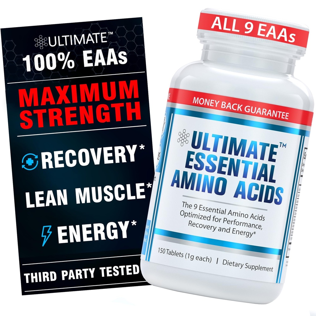 Ultimate Essential Amino Acids תוספת עבור חיתוך, מהירות ועבודהouts, All 9 EAAs, 3000 מ"ג, 40% Leucine, 4:1 BCAA Ratio, Binder-Free עם אורגני מנקה, טבעוני, Keto, non-GMO, 150 טבליות