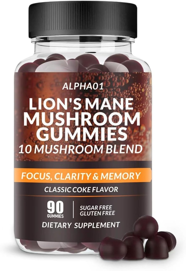 Mushroom Gummies - 10x Mushroom תוספת עם Ashwagandha ו Lions Mane - Nootropic המוח תוספת, Immune Support & Stress Relief (90 CT) Classic Coke Coke