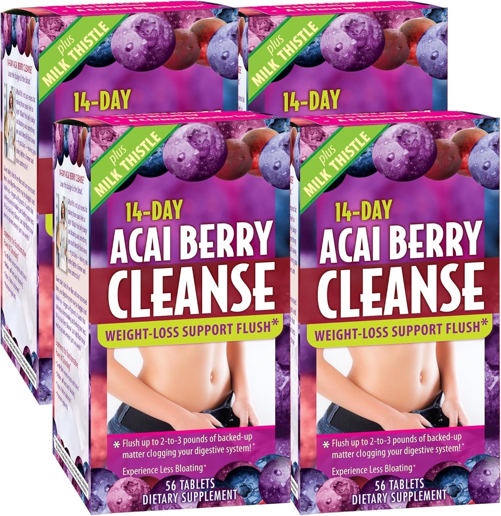 Applied Nutrition 14-Day Acai Berry ניקויse - 56 טבליות, Pack של 4 - משקל-Los תמיכה Flush + Milk Thistle