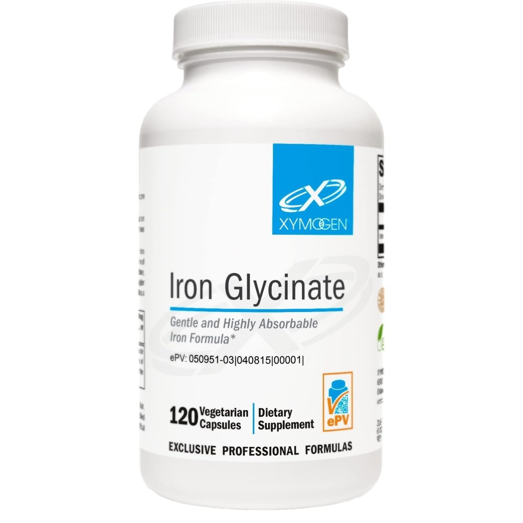 תוסף XYMOGen Iron Glycinate - פטנט על Iron BisGlycinate ויטמין - מיועד למחסור גבוה - תומך Hemoglobin & Ferritin Levels - Gentle on Digestion (120 קפסולות)