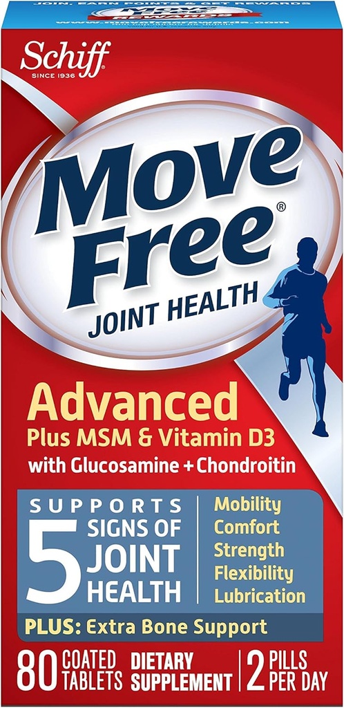 הזיזו את Glucosamine כולסטרול Chondroitin MSM ויטמין D3 ו- Hyaluronic Acid תוספת משותפת, 80 Count