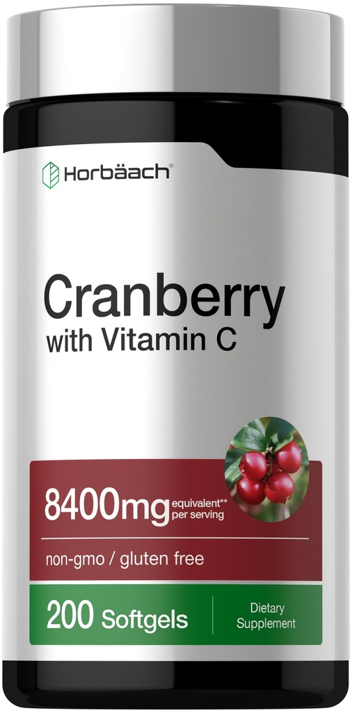 Horbäach Cranberry גלולות לנשים וגברים | 8400 מ"ג | 200 Softgels | תוספי מזון עם ויטמין C | Non-GMO, Gluten Freeten