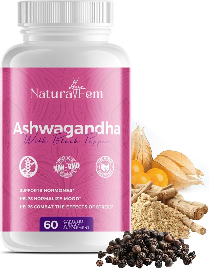 Naturalfem Ashwagandha תוספי עבור נשים עם Black Pepper - ניהול מתח, הורמון ו Mood תמיכה תוספת - Gluten-Free, 1300 מ"ג. 60 קפסולות ירקות.