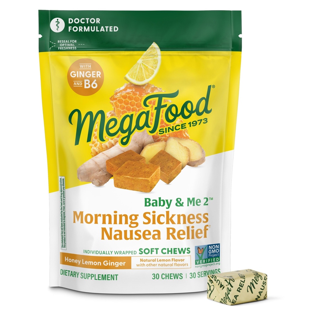 Mega Food Baby & Me Prenatal Morning Diseaseness הקלה, ג'ינג'ר צ'אדס, עם ויטמין B6, Made Without 9 Food Allergens, Honey Rambla Flavor, 30 צ'יפס