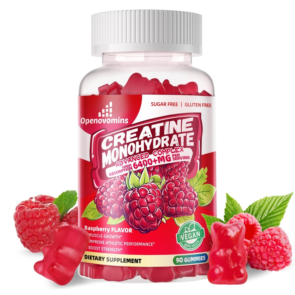 Creatine Monohydrate Gummies מורכב 6400 מ"ג עבור גברים ונשים - מתקדם פורמולה W / L-Taurine + ויטמין B12, סוכר חינם צ'ואו זמין תוסף, 90 חניכיים פטל