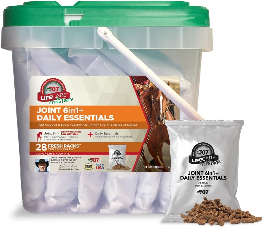פורמולה 707 Joint 6in1 + Daily Essentials Combo Fresh Packs Equine תוסף, 28 יום אספקה: Green-Lipped Mussel, Glucosamine, Chondroitin, Collagen, Bromelain & MSM + משלימה ויטמינים