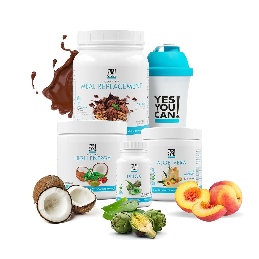 כן אתה יכול! Detox Plus Kit (Mealחליף שוקולד, Aloe Vera Peach Lemonade) - מלא אבקת החלפת Meal, High Energy Shake Booster, Aloe Vera Detox, Healthטרנספורמציה