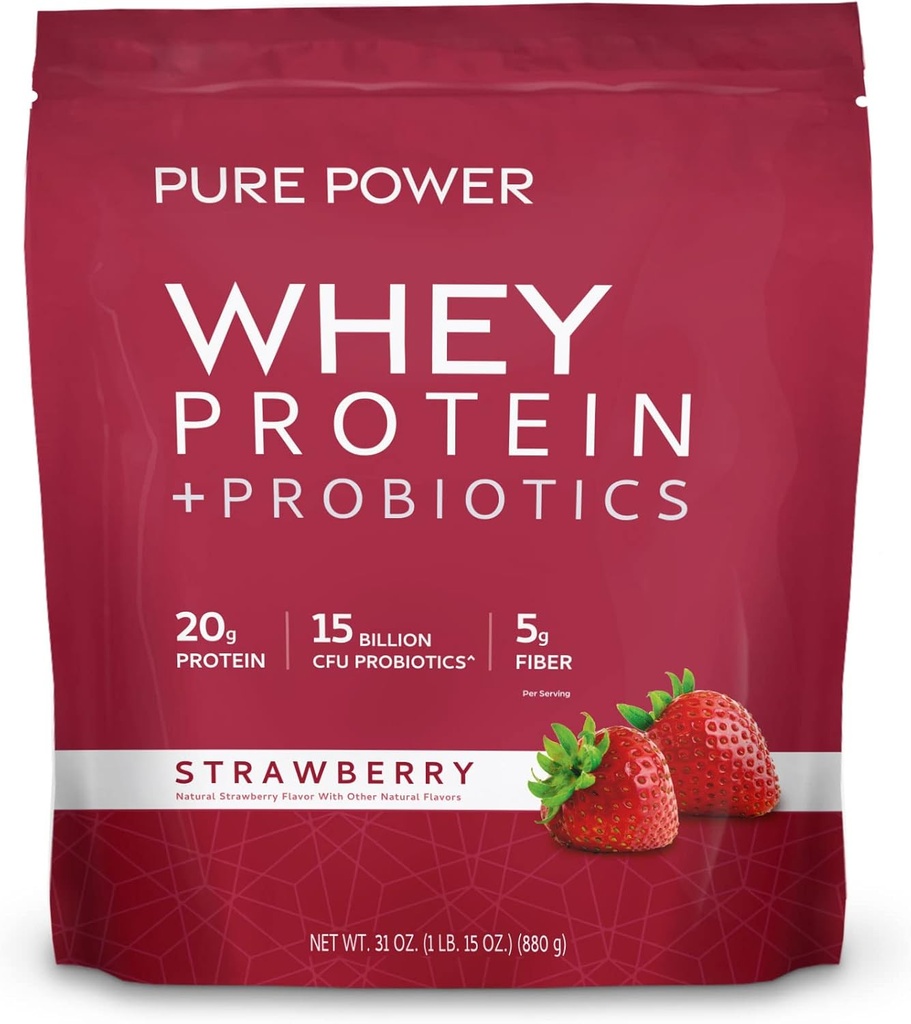 Dr. Mercola Pure Power Whey חלבון + פרוביוטיקה - תומך שריר התאוששות ובריאות העיכול - preure-Raated Whey - MCTs & סיבים - Vanilla - 31 oz (22 משרתים) - סטרוברי
