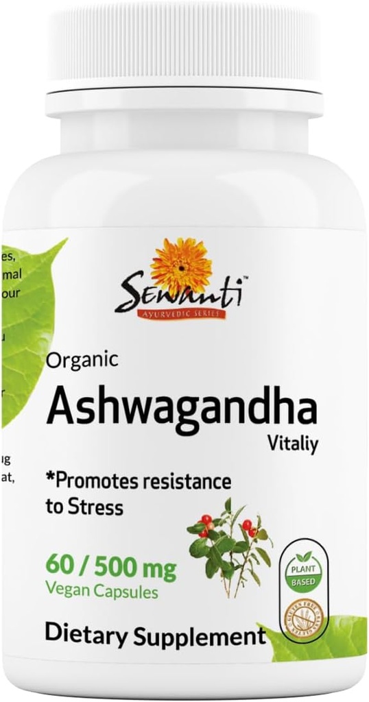 Sawanti אורגני Ashwagandha קפסולות - Natural Stress Relief & Energy Boost - דיאטת תוספת גבוהה שואבת 60 קפסולות טבעוניות - 500 מ"ג