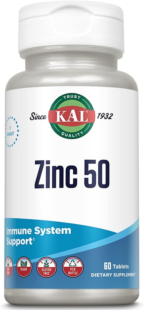 KAL Zinc 50mg hydroxy Acid מורכב, מטבוליזם בריא ו Immune תמיכה תוספת עם Zinc Orotate, Zinc Citrate, Enhanced Absorption w/ActiSorb, טבעוני, Gluten Free, non-GMO, 60 , 60 טבליות