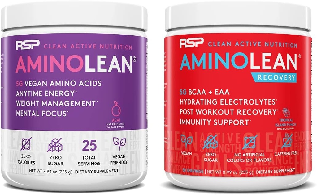 RSP NUTRITION Vegan AminoLean Pre Workout אנרגיה (Acai 25 משרתים) עם AminoLean Recovery Post Workout Boost (Tropical Island Punch 30 משרתים)
