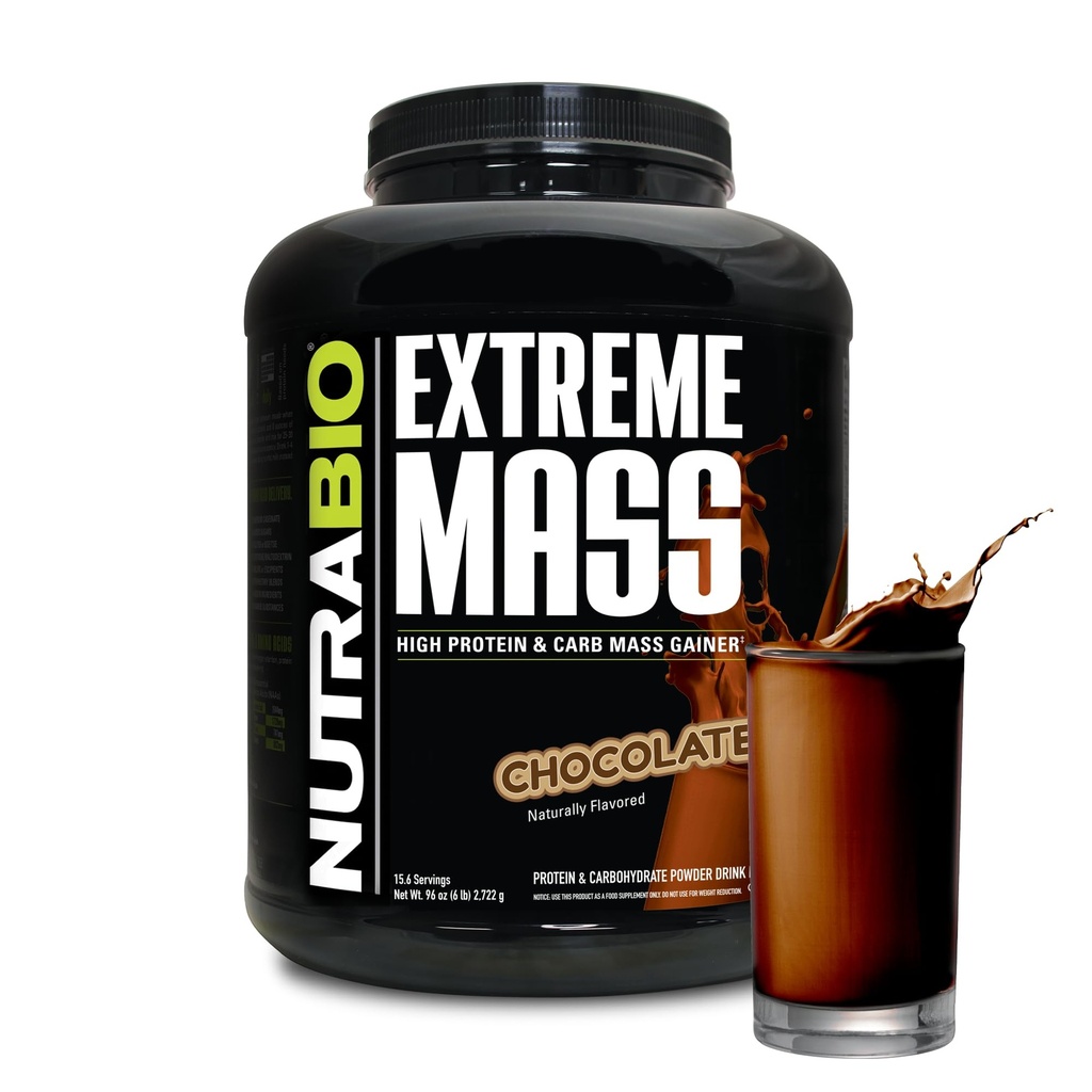 NutraBio Extreme Mass Gainer חלבון אבקת, 53G חלבון, מקבל משקל נקי, להגדיל את מסת השרירים, ספקטרום מלא Amino Acid - שוקולד, 6 פאונד