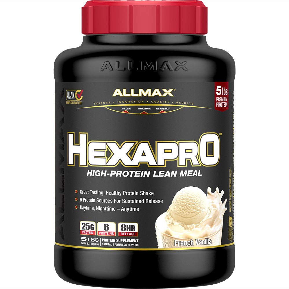 AllMAX Nutrition HEXAPRO, French Vanilla - 5 lb - 25 גרמים של חלבון פריל - 8-Hour Sustained שוחרר - Zero Sugar - 52 משרתים