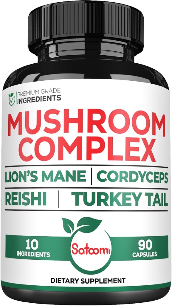 Satoomi 10in1 Lions Mane מורכב - מעורב עם Cordyceps Sinensis, Reishi Mushroom, טורקיה Tail Mushroom ואחרים - 90 Count for 3 חודשים