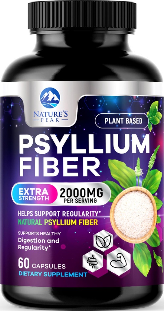 Psyllium Husk סיבים תוסף 1500 מ"ג - טבעוני Prebiotic, Soluble סיבים עבור בריאות יומין ותמיכה רגילה, אבקת Psyllium טבעי Caps, סוכר חינם, non-GMO & Gluten-Free - 60 קפסולות