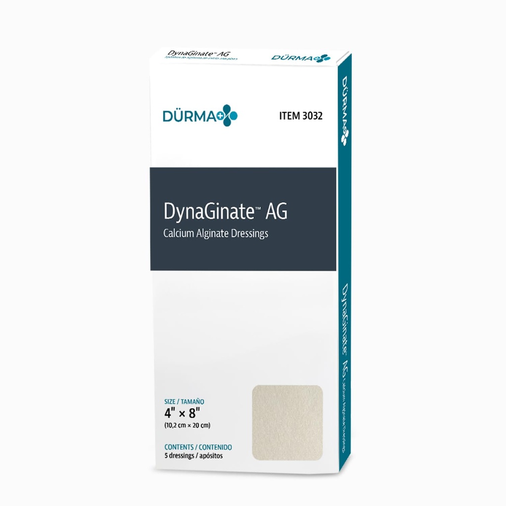 Dynarex DynaGinate AG Silver Calcium Alginate Dressings - 4 "x8", Calcium Alginate Wound Dressing with Silver Ions, 1 Case of 50 DynaGinate AG Dressings - 4"x8" - 1 Box of 5