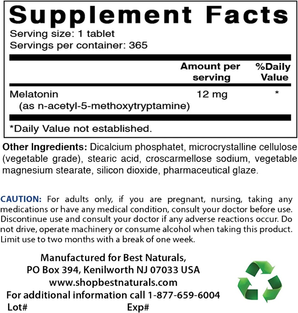 Best Naturals Melatonin 12 מ"ג ו- Biotin 10,000 Mcg