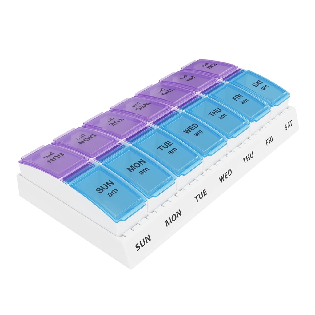 Ezy Dose Weekly (7-Day) AM/PM Pill Organer, ויטמין ו- Medicine Box, Small Pop-outהשוואות, 2 פעמים ביום, כחול וסגול Lids