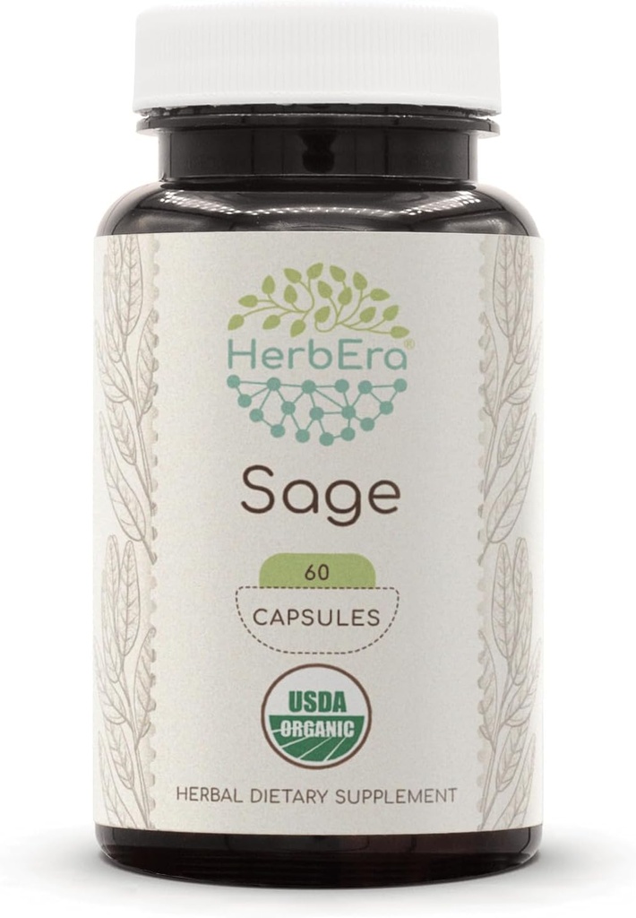 HerbEra Sage 60 קפסולות, 500 מ"ג, USDA אורגני חכם (Salvia officinalis) Dried Leaf (60 קפסולות)