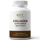 טבע טהור Collagen Ultra - Collagen Peptides עם 5 סוגים I, II, III, V & X באופן טבעי מקורו hydrolyzed Collagen לשיער, עור, ריח ותמיכה משותפת - 90 קפסולות
