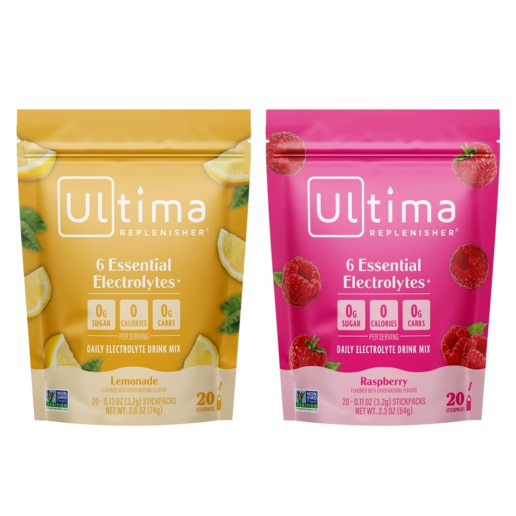Ultima Replenisher Electrolyte אבקת לשתות Mix Bundle - סוכר חינם - Lemonade ו Raspberry, 20 Stickpacks - 6 אלקטרוליטים מינרלים - Keto Friendly, טבעוני, non-GMO