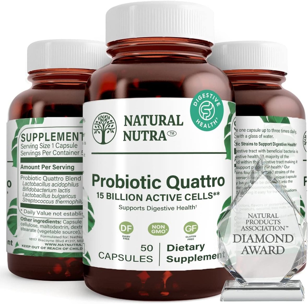 טבעי Nutra Probiotic Quattro - תוספת פרוביוטית מתקדמת עם 4 סטרינס Powerful כולל Lactobacillus Acidophilus, Bifidus - תומך עיכול ובריאות החיסון - 50 קפסולות צמחוניות
