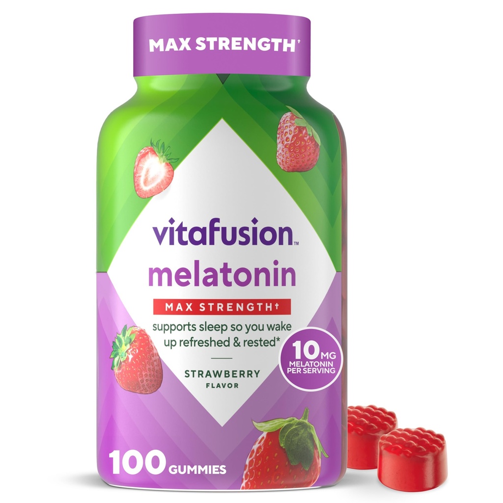 vitafusion מקס חיזוק 10 מ"ג מלטונין מסטיקמי, סטרוברי פלמורד, מבוגר מלטונין מסטיקמי ויטמין תוסף, 100 הרוזן, 50 יום אספקה