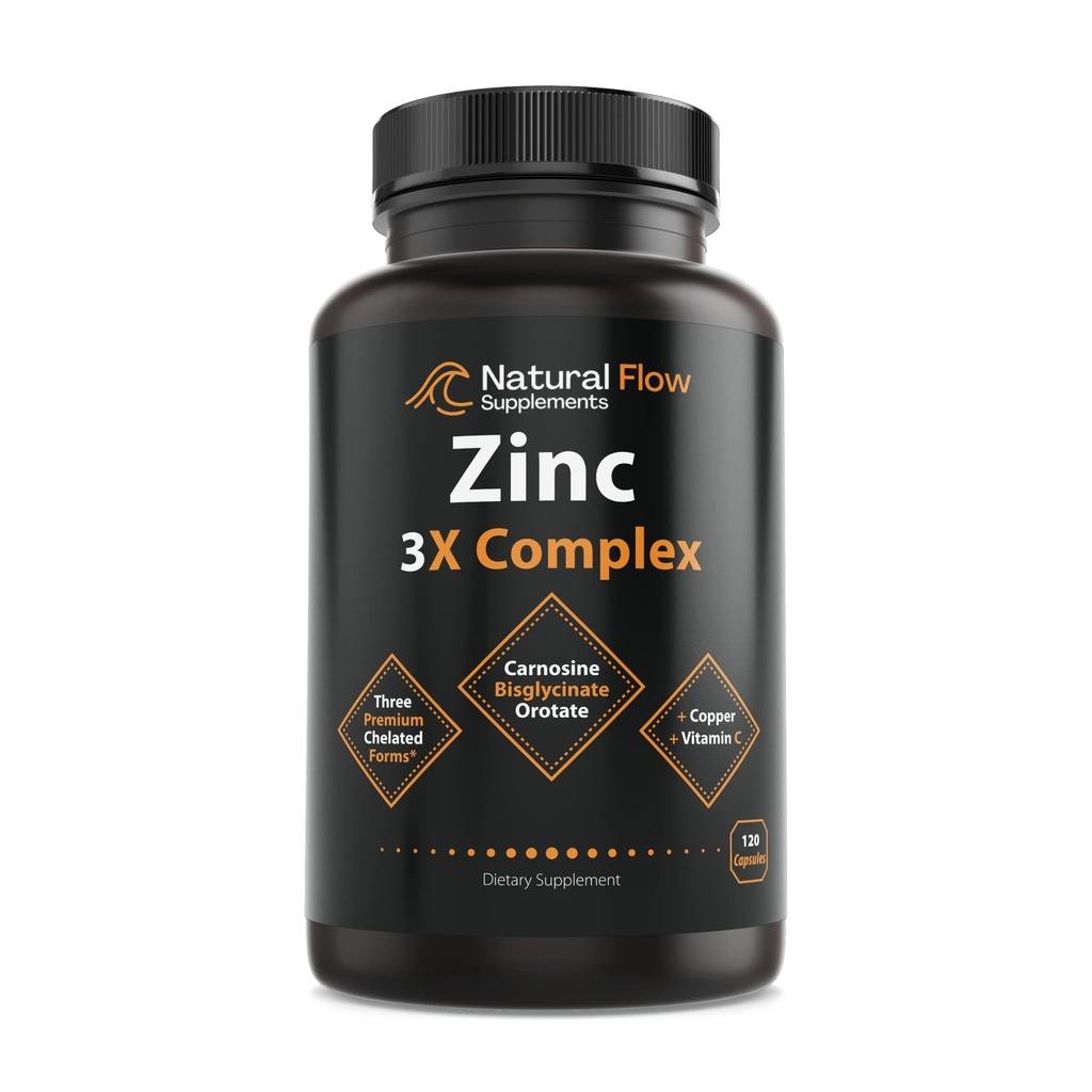 תוסף Znc מורכב עם Copper ווויטמין C - זרימה טבעית 3X Zinc Carnosine, Bisglycinate Chelate, Orotate, Chelated Copper, Easy on the Stomach, Skin and Immune Support, 120 קפסולות
